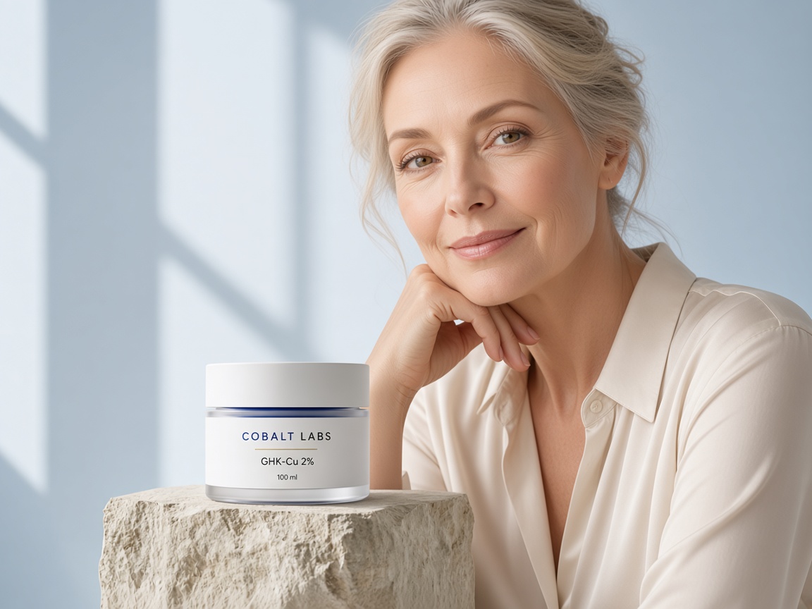 Cobalt Labs 100ml jar beside a woman with luminous, well-cared-for skin